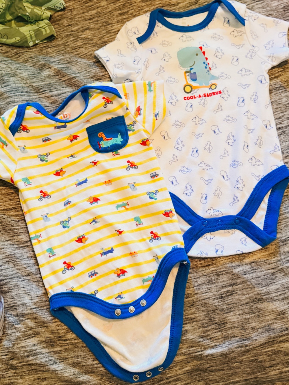 Baby Gear Yellow & Blue Trim Two-Pack Dinosaur and Vehicle Bodysuits